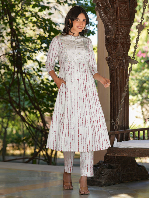 Janasya Women's White Pure Cotton Tie & Dye With Mirror Work A-line Kurta Pant Set